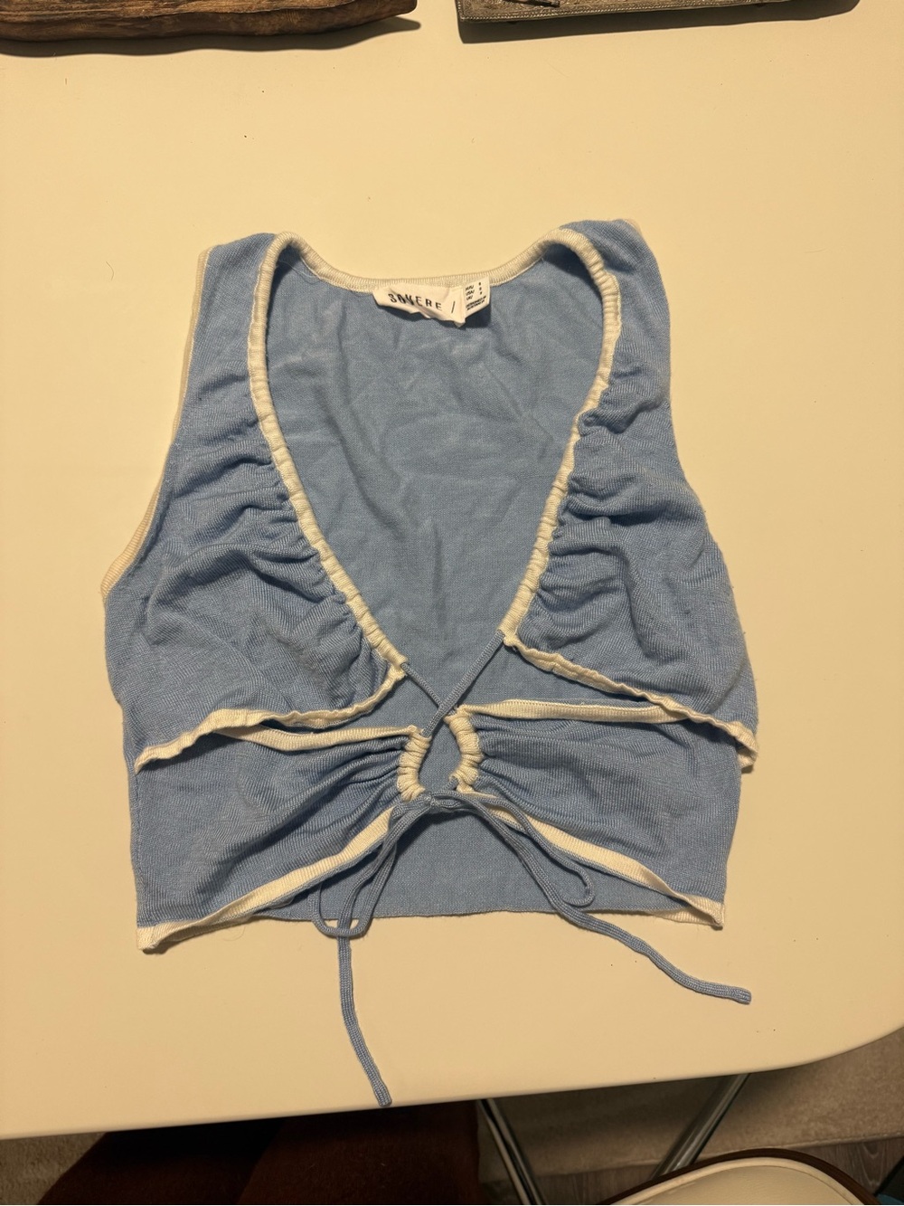 Light Blue Tie-Front Crop Top with White Trim
